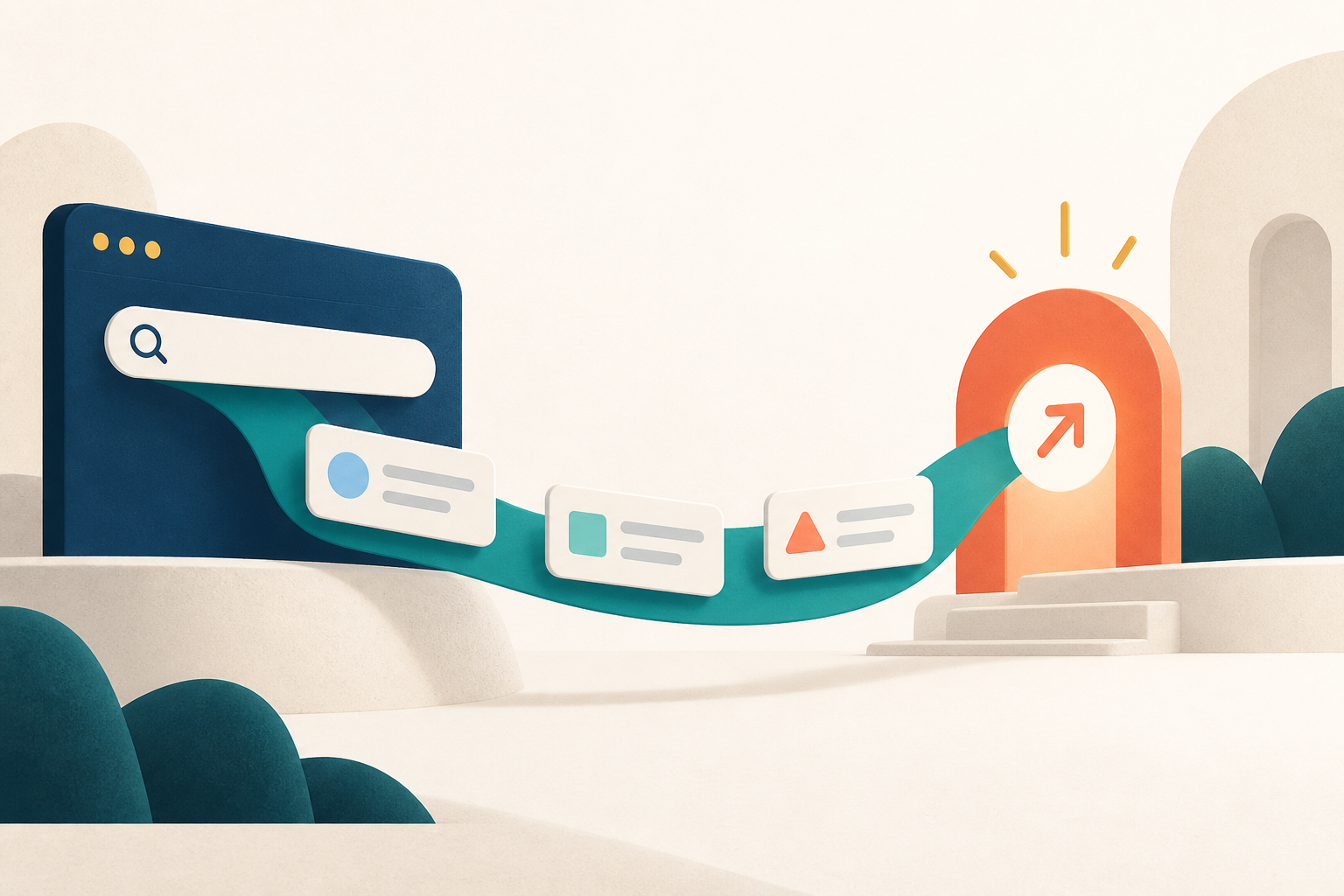 Search Intelligence & SEO/AEO illustration showing people, evidence signals and decision points